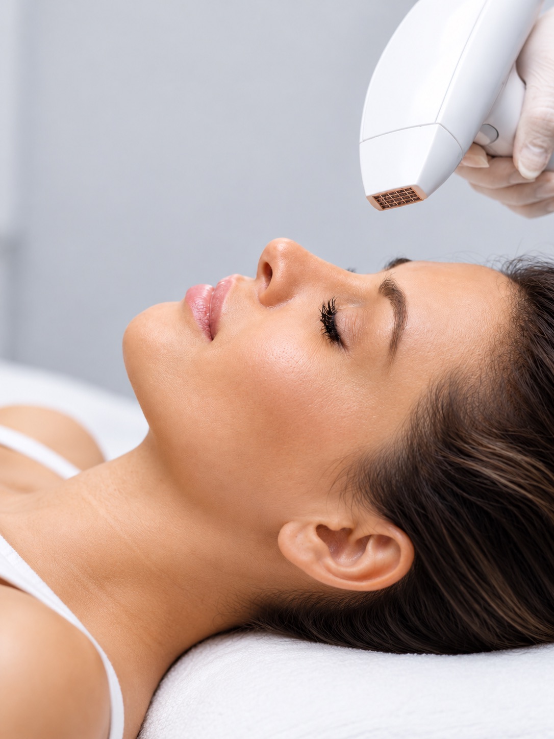 Viva MD nanofractional RF handpiece above a relaxed client&rsquo;s face during a microneedling treatment at The Laser Lounge & Skin